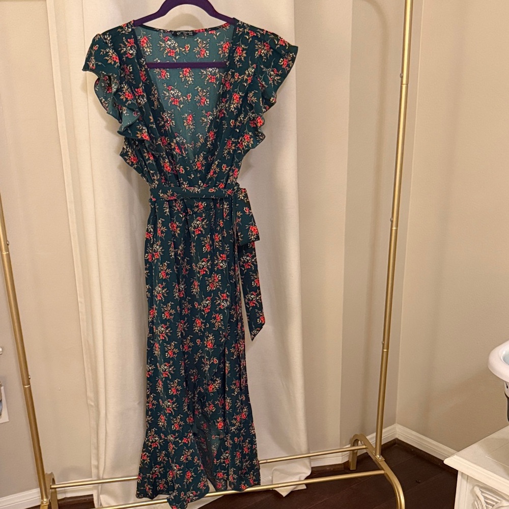 BloomChic Teal Maxi Dress with Red Floral Print